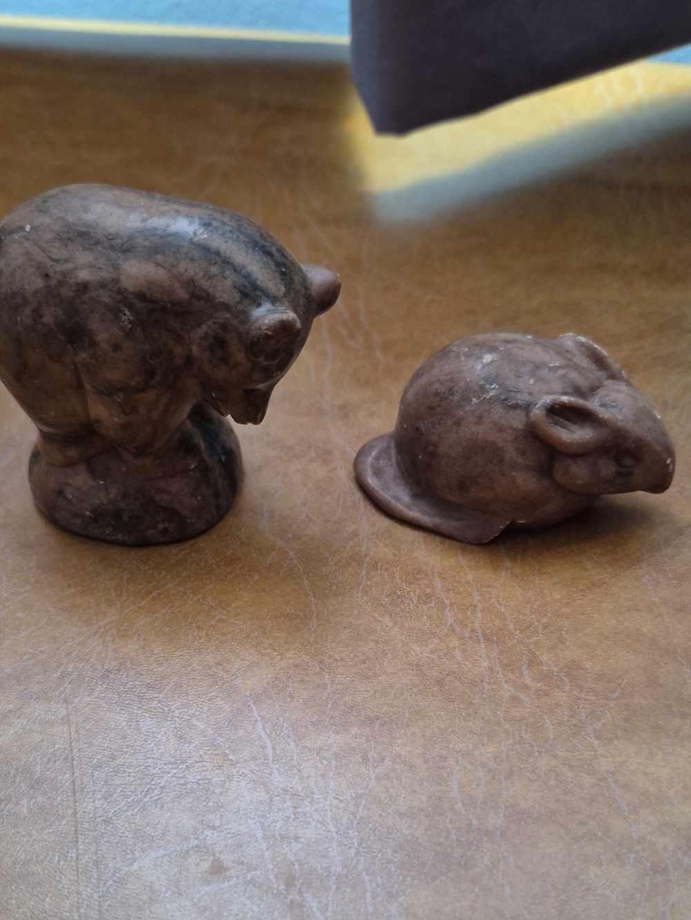 Vintage Brown Marbled Soapstone Figurines..bear And Mouse